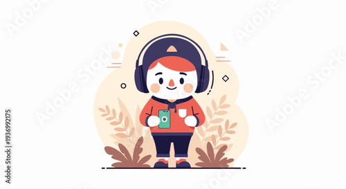 A cute, round character with a red hoodie and headphones enjoys music on their phone