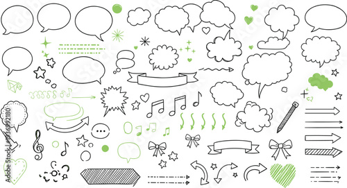 Doodle speech bubbles, hand drawn arrows, music notes, hearts, ribbons, stars, dialogue clouds, sketchy design elements, pencil line art illustrations,