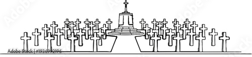 A solemn monument with many crosses arranged in an arc