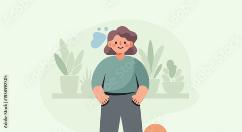 Person with indoor plants, contemplating