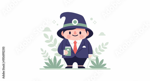 Whimsical character in formal attire and wizard hat holds a drink amidst foliage