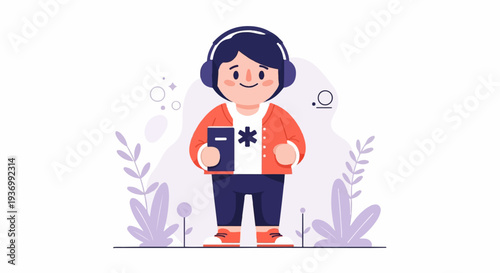 A cheerful character with headphones and a book stands amidst stylized foliage