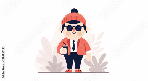 A stylized person in a red jacket, beanie, and sunglasses holds a drink, with faint foliage behind