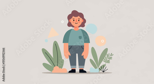 A minimalist illustration of a person standing amidst abstract shapes and foliage