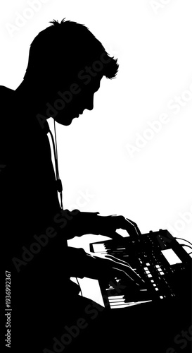 Silhouette of a person intently operating electronic music production equipment against a stark white background.