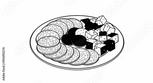 A platter of sliced cured meat, dark colored round items, and diced cheese