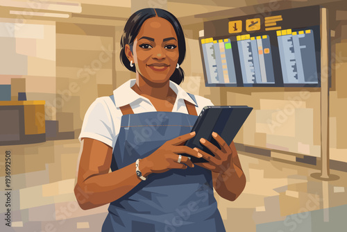 Young black woman working at airport counter with tablet in hand  