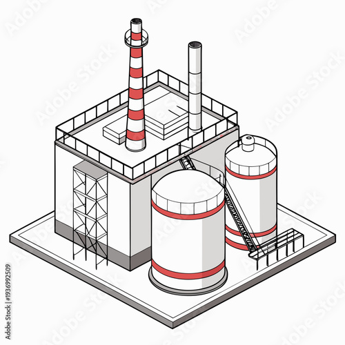 Isometric view of industrial refinery plant with smokestacks and storage tanks