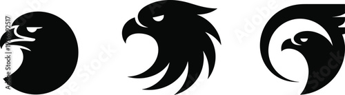 Eagle head logo collection, bold black raptor bird mascot silhouettes, powerful hawk emblem icons for sports branding tattoo design