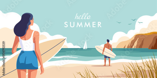 Concept of vacation and travel. Beach scene featuring surfers. Vector illustration in a minimalistic style.
