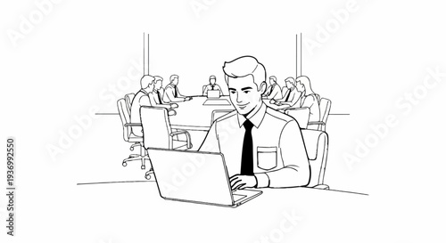 Business meeting in progress with a man at the foreground using a laptop