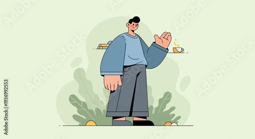 A person waves hello beside a shelf with a drink and some circular objects