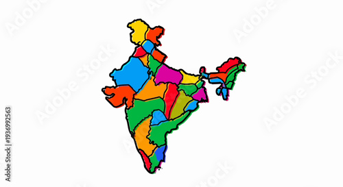 Colorful illustrated map of India divided into states with black outlines