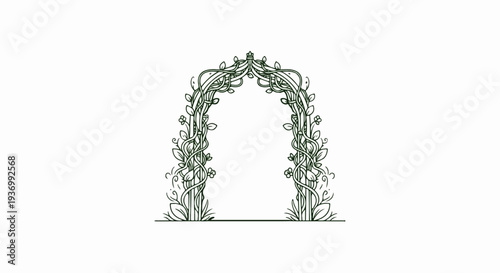 An artistic outline of an arched gateway adorned with entwined vines and small flowers