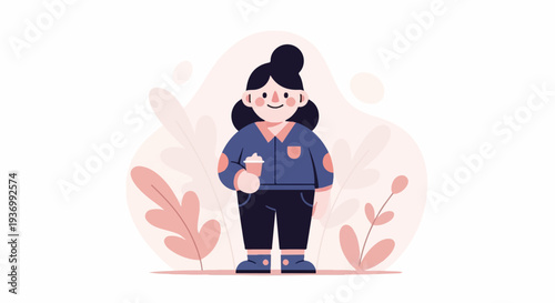 Animated illustration of a person holding a cup with stylized plants in the background