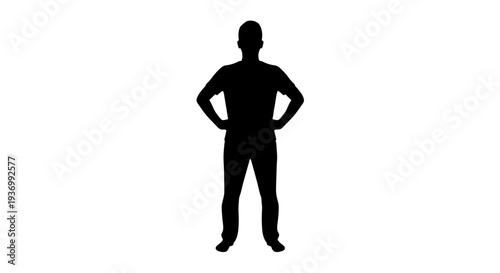 Full body silhouette of a man standing confidently with hands on his hips against a plain white background.