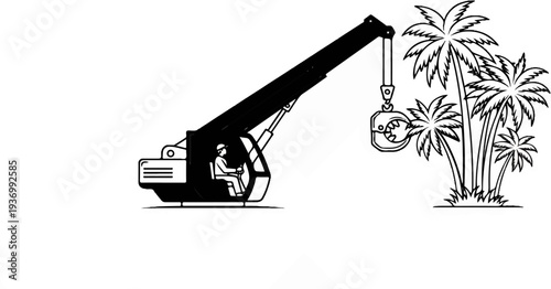 Crane with open jaws approaches palm trees on a white background