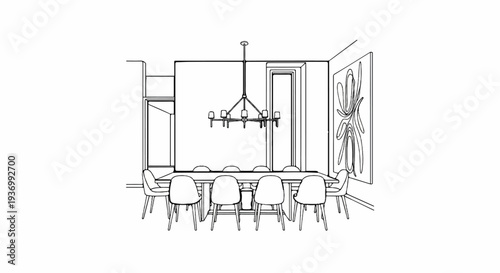 Elegant dining room sketch featuring a long table, chairs, chandelier, and artwork