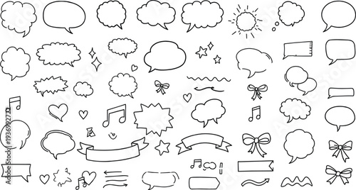 Hand Drawn Speech Bubbles Collection With Ribbons, Bows, Music Notes, And Hearts For Sketch Vector Graphic Design Illustration Content