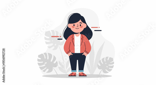 A cartoon woman with dark hair stands confidently, wearing a coral jacket and dark pants
