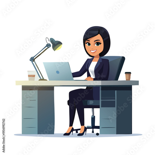Woman works at desk with laptop and lamp