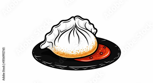 A steaming dumpling sits on a black plate with red sauce
