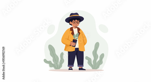 A person in a hat and yellow jacket holds a potted plant surrounded by foliage