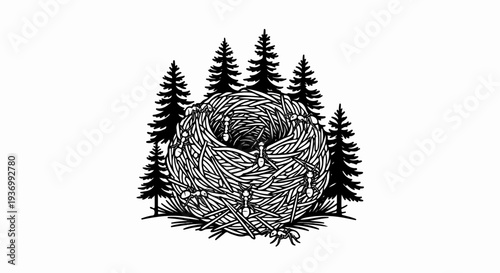 Many ants busy building a nest surrounded by evergreen trees