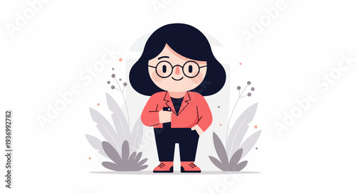 Cute cartoon character in a suit holding a phone with plants
