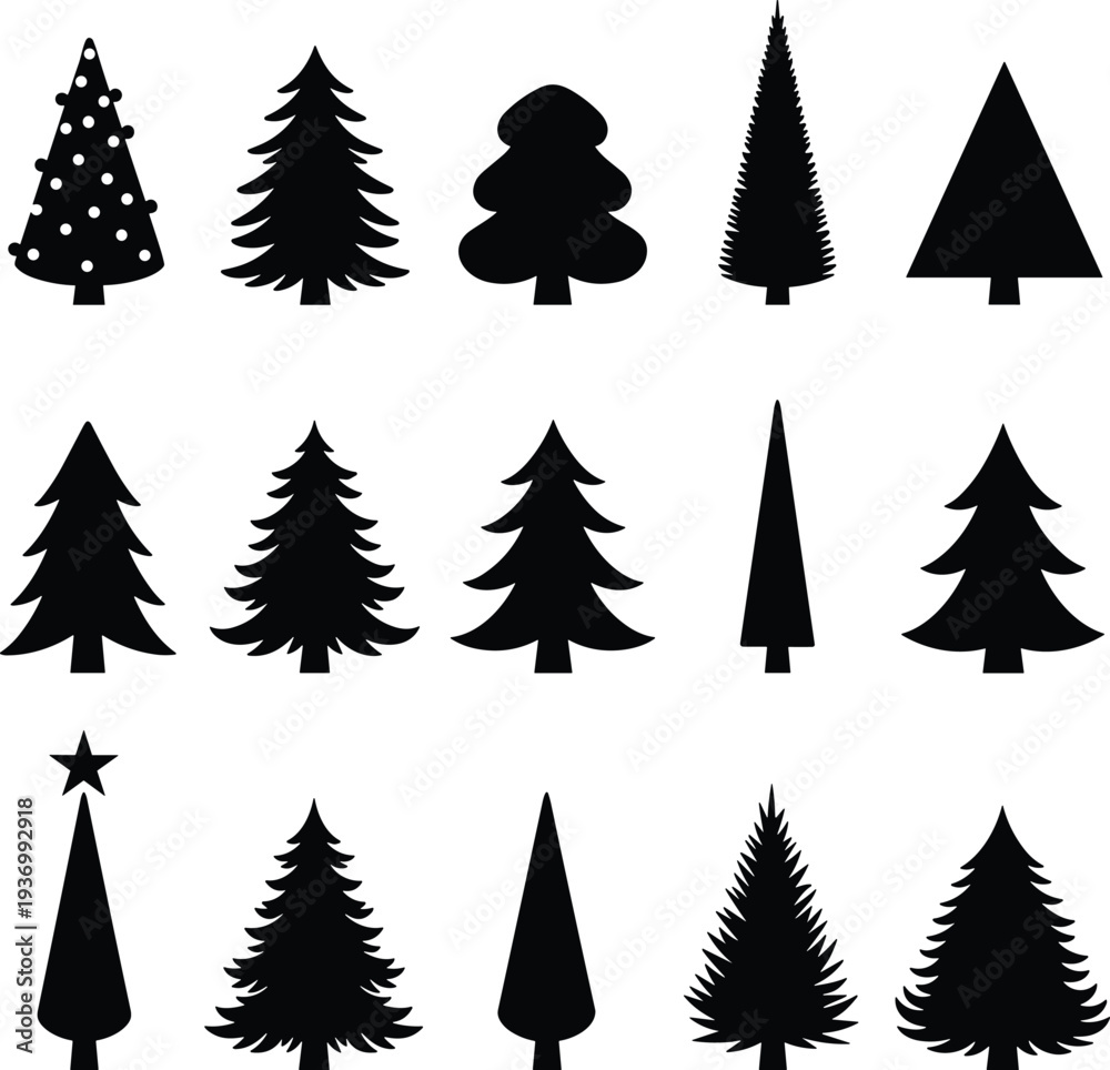 Obraz premium Black Christmas tree silhouette illustration set with decorative ornaments, festive holiday design elements for winter, celebration and art projects