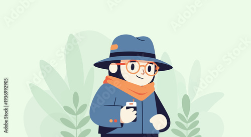 Stylized character with hat, glasses, scarf, and beverage, in front of soft green foliage