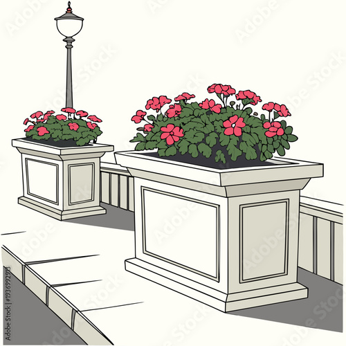 Realistic of structured flower planters on a balcony