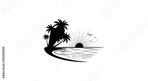 Silhouette of palm trees on a tropical beach at sunrise with birds flying