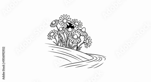 Simple line art of a cluster of daisies on a hill above a flowing stream