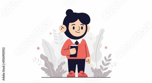 A smiling cartoon man with a bun, beard, and coral shirt holds a book