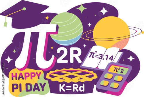 A colorful and playful illustration celebrating Pi Day featuring mathematical symbols planets and a graduation cap