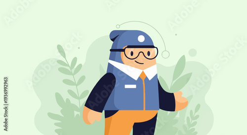 Cheerful cartoon character in a blue jacket and orange pants, surrounded by stylized green foliage