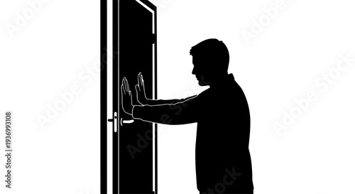 Silhouette of a man pushing against a closed door with both hands, depicting effort or resistance.