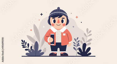 Cheerful child with headphones and phone, surrounded by abstract plants and colorful shapes