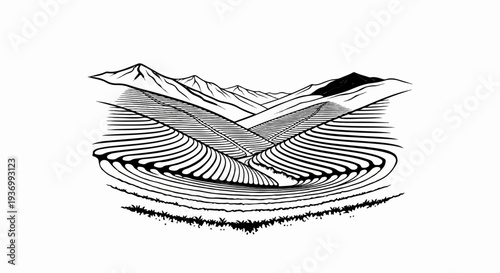Stylized ink drawing of terraced hills and distant mountains in black and white