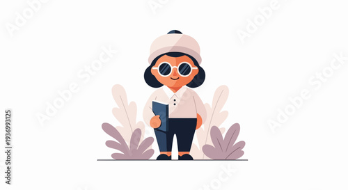 Stylized figure with book, cap, and sunglasses stands amidst abstract foliage