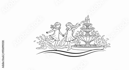 Two girls holding hands, joyfully splashing water around a tiered fountain