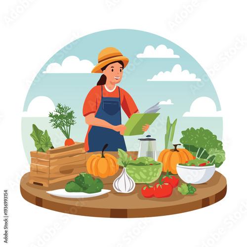 Woman reviewing cookbook with harvested produce on table