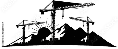 Three construction cranes stand against a backdrop of mountains and a city skyline