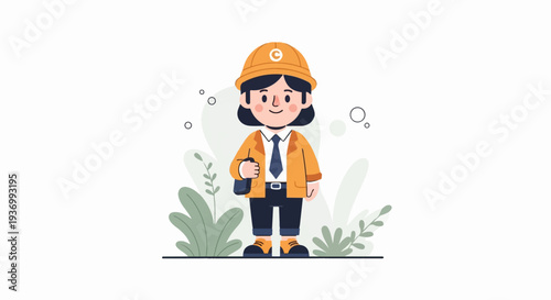 Whimsical character in orange jacket, hard hat, and tie, standing amidst abstract foliage and circles