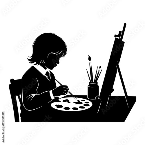 Silhouette of a young artist painting at an easel with a palette and brushes.