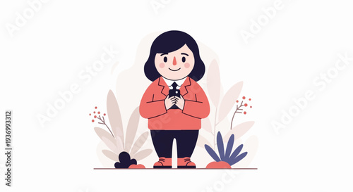 A smiling person in a suit holds a phone amidst abstract flora