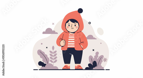 A cheerful, cartoonish character in a coral hoodie stands amidst abstract shapes and flora