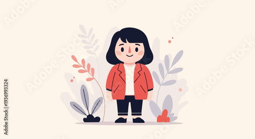 A cute cartoon girl with black hair, wearing a red jacket and black pants, stands amidst stylized plants