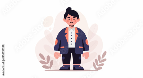 Minimalist illustration of a cheerful person in business attire, set against a soft, abstract background with leaves
